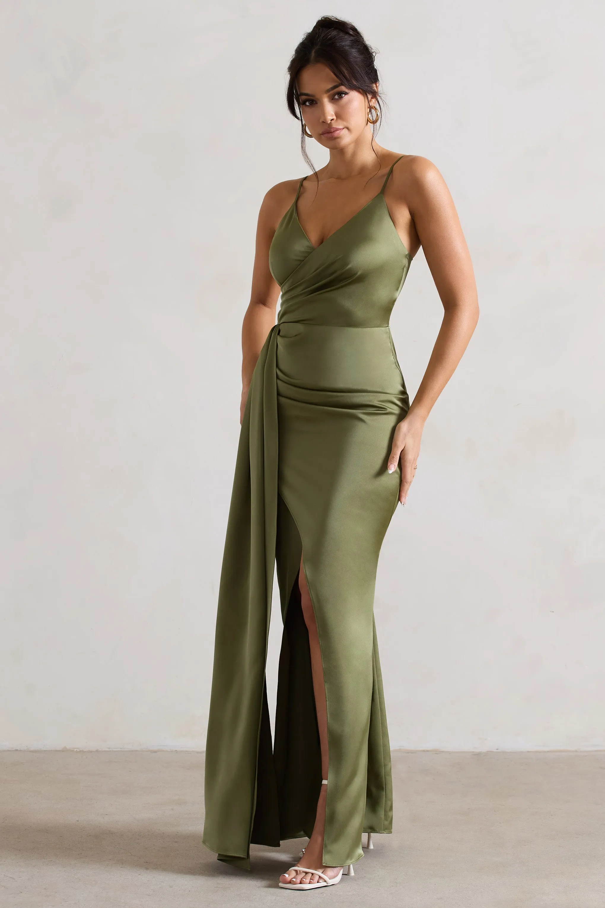 Soraya | Olive Green Satin V-Neck Split Maxi Dress With Drape sold by Club L London product image thumbnail 5