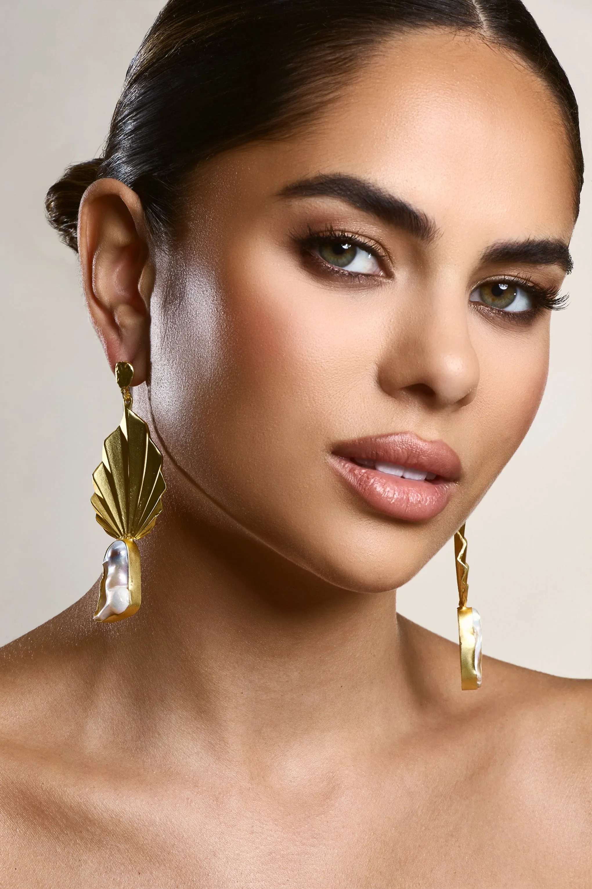 Aloha | Gold Leaf Drop Earrings With Iridescent Shell sold by Club L London product image thumbnail 3