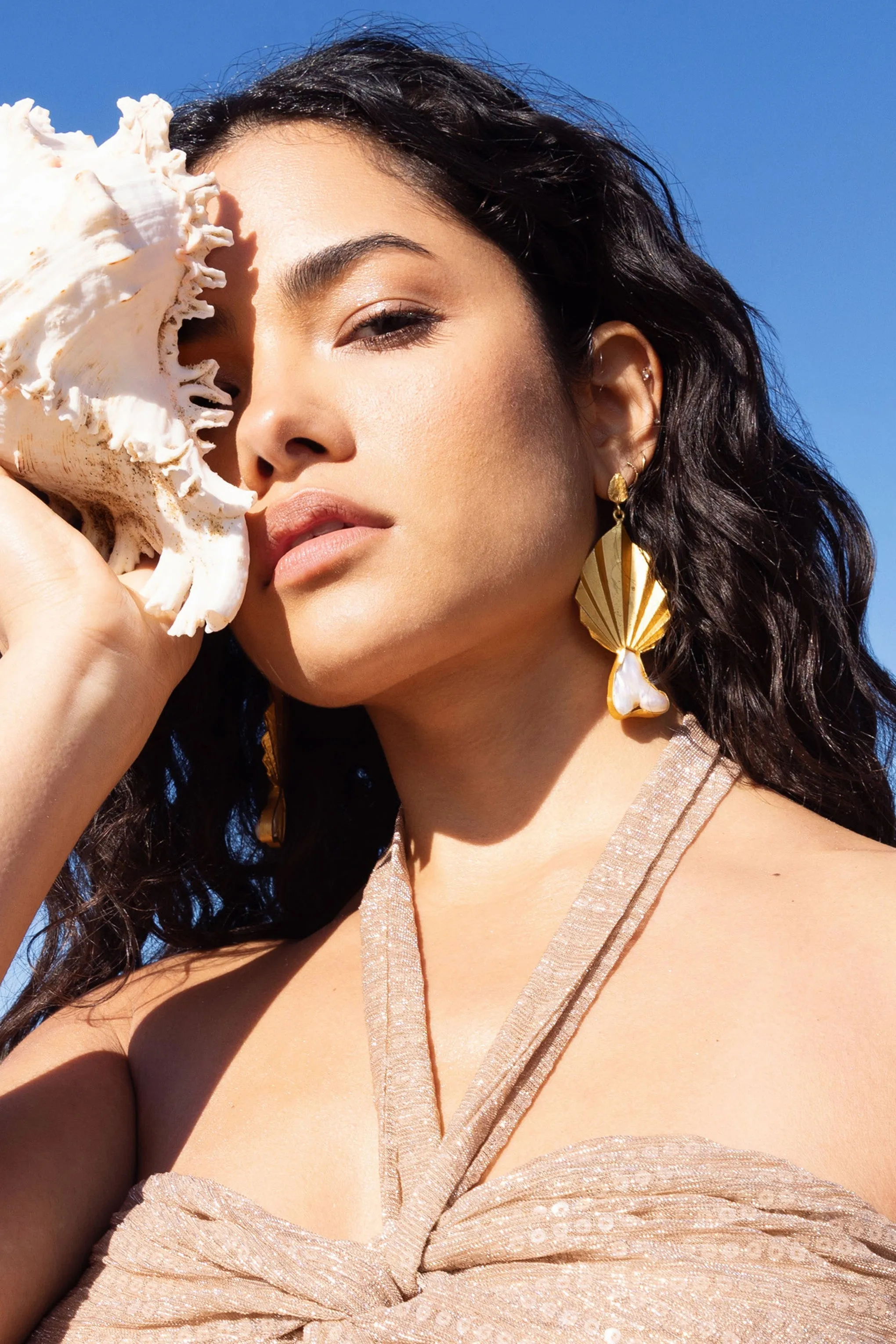 Aloha | Gold Leaf Drop Earrings With Iridescent Shell sold by Club L London product image thumbnail 5