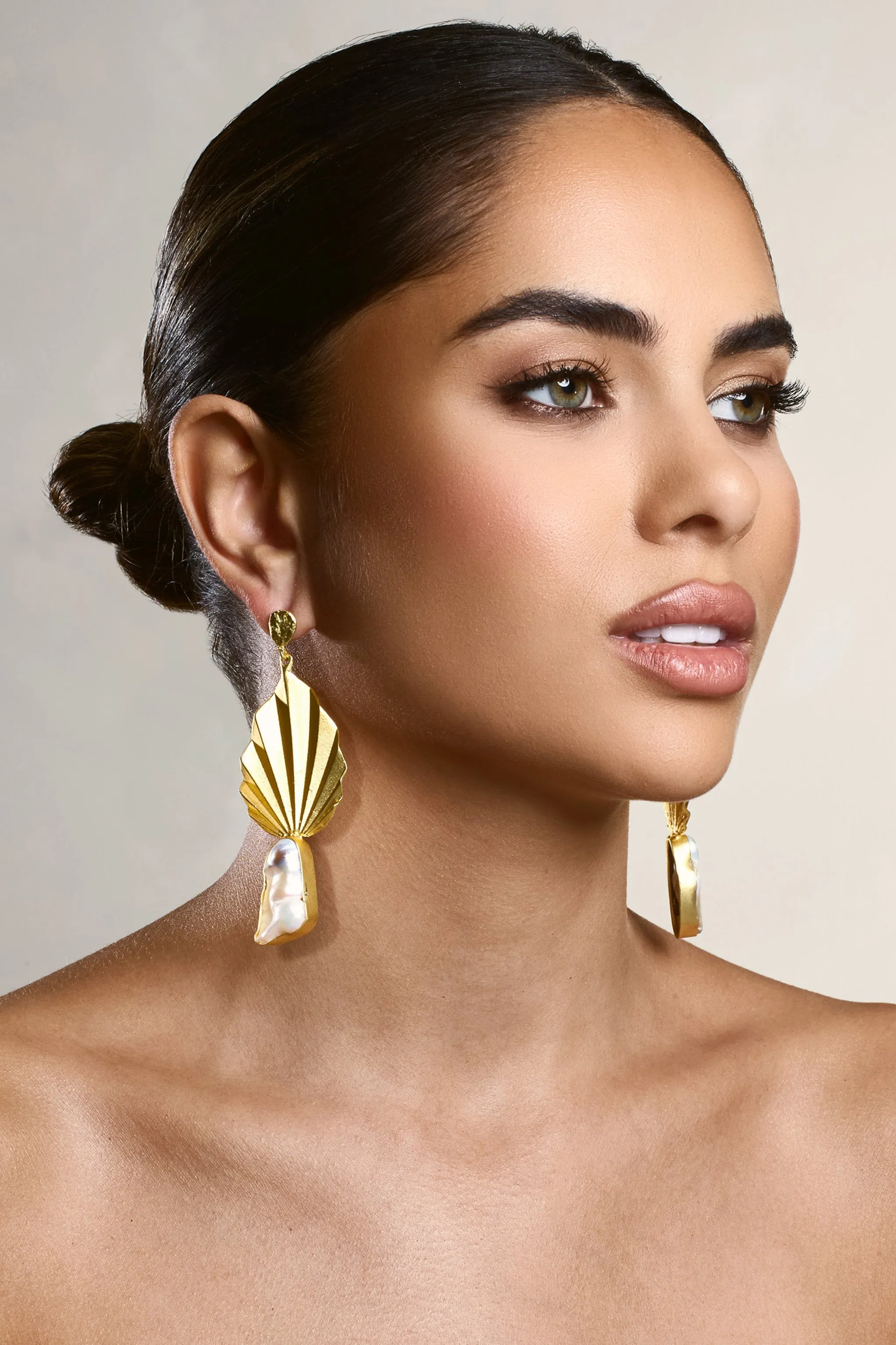 Aloha | Gold Leaf Drop Earrings With Iridescent Shell sold by Club L London product image thumbnail 4