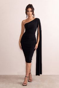 Yara | Black One Shoulder Cape Ruched Midi Dress sold by Club L London