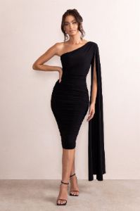 Yara | Black One Shoulder Cape Ruched Midi Dress sold by Club L London