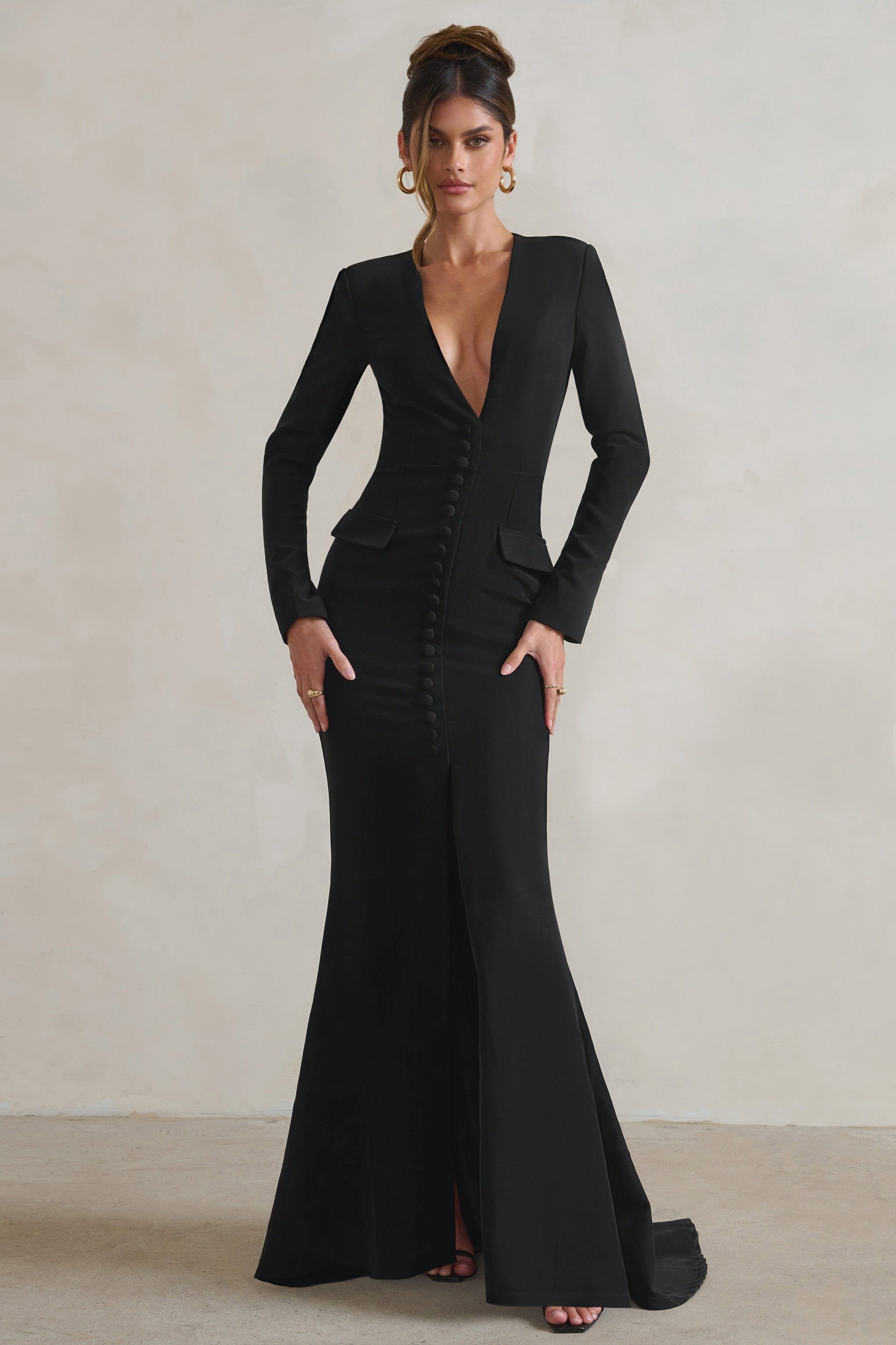 Reba | Black Plunge Long Sleeve Structured Maxi Dress with Front Split sold by Club L London