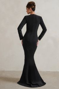 Reba | Black Plunge Long Sleeve Structured Maxi Dress with Front Split sold by Club L London