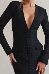 Reba | Black Plunge Long Sleeve Structured Maxi Dress with Front Split sold by Club L London