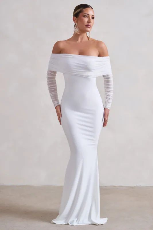 Madeleine | White Fishtail Maxi Dress With Bardot Mesh Long Sleeves sold by Club L London