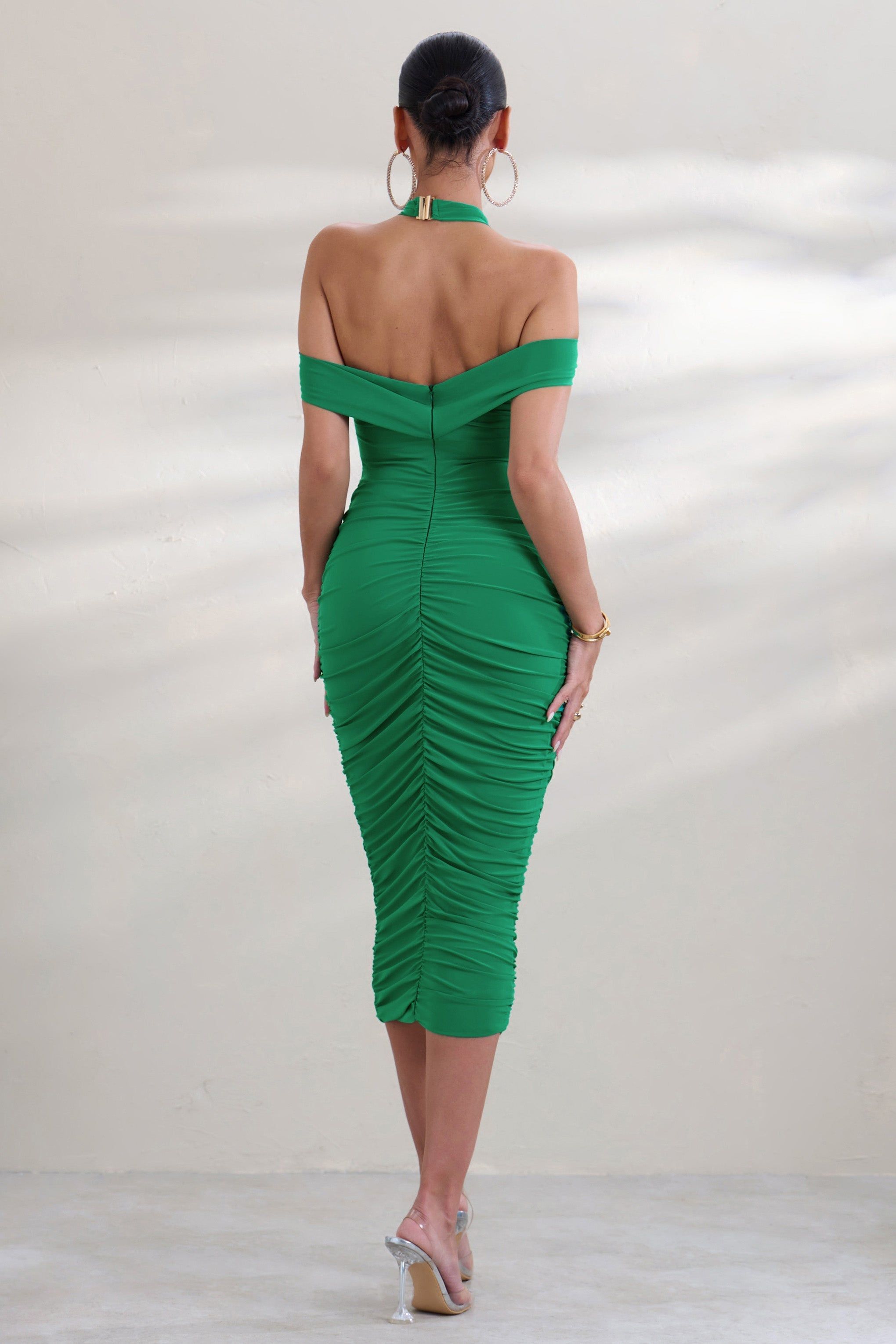 Prague | Green Halter Neck Cut Out Ruched Midi Dress sold by Club L London product image thumbnail 2