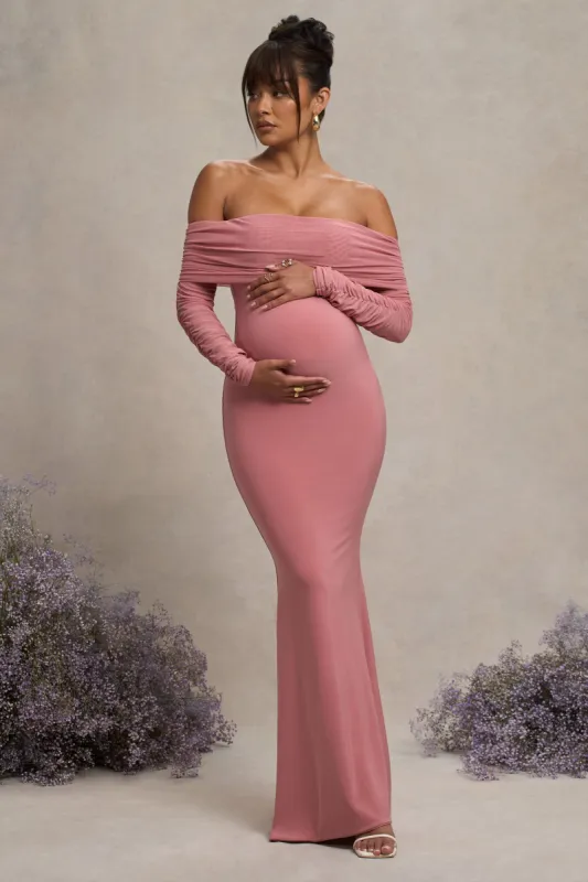 Pretty Perfect | Blush Pink Maternity Ruched Mesh Bardot Maxi Dress sold by Club L London