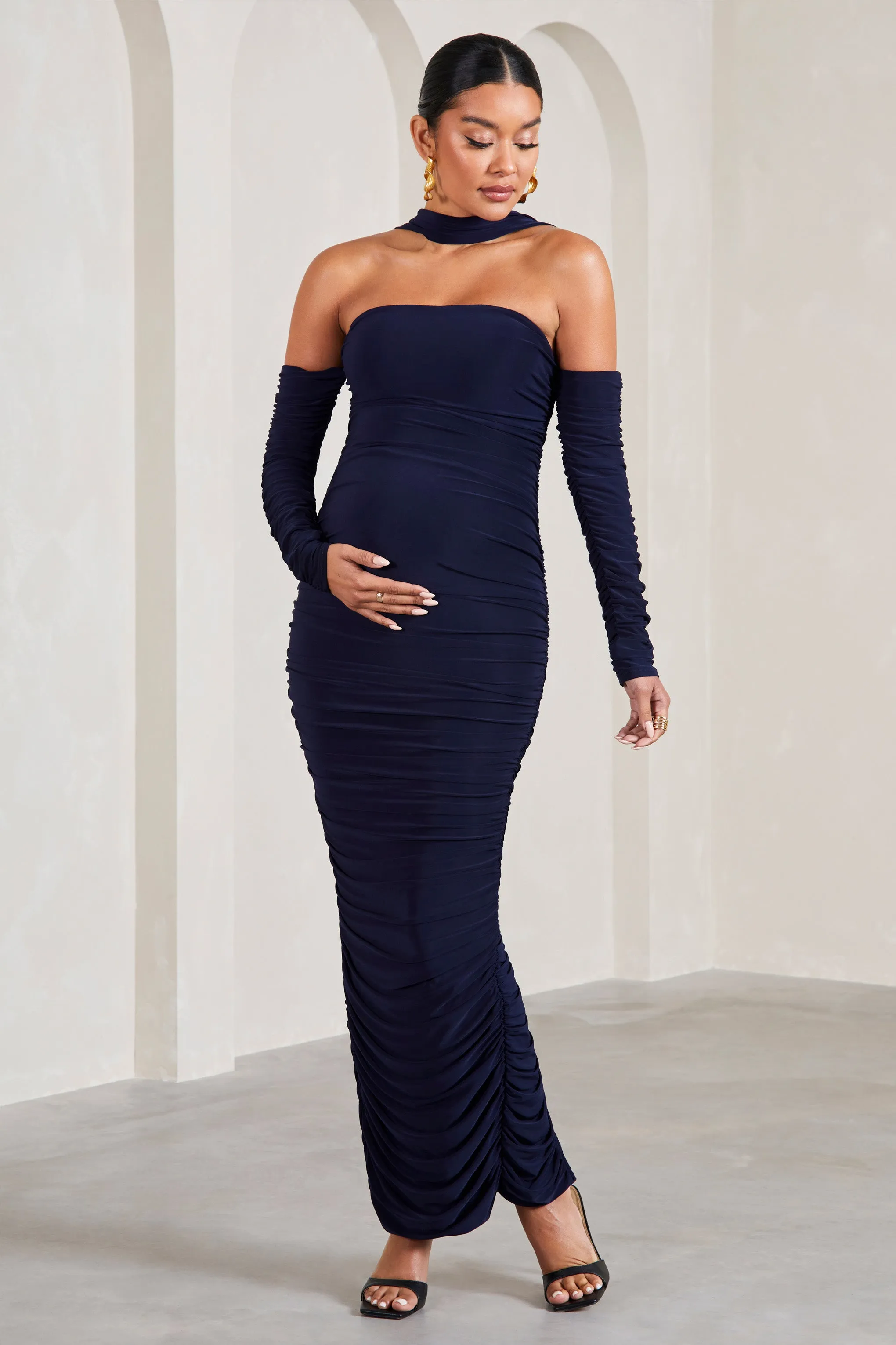 Joy | Navy Ruched Long-Sleeved Maternity Maxi Dress With Halter Collar sold by Club L London product image thumbnail 4