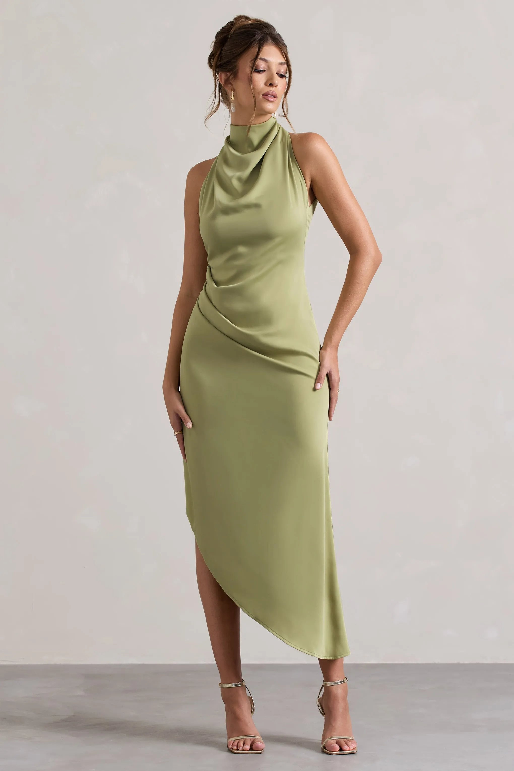 Sophina | Light Olive Satin Cowl-Neck Asymmetric Midi Dress sold by Club L London product image thumbnail 5