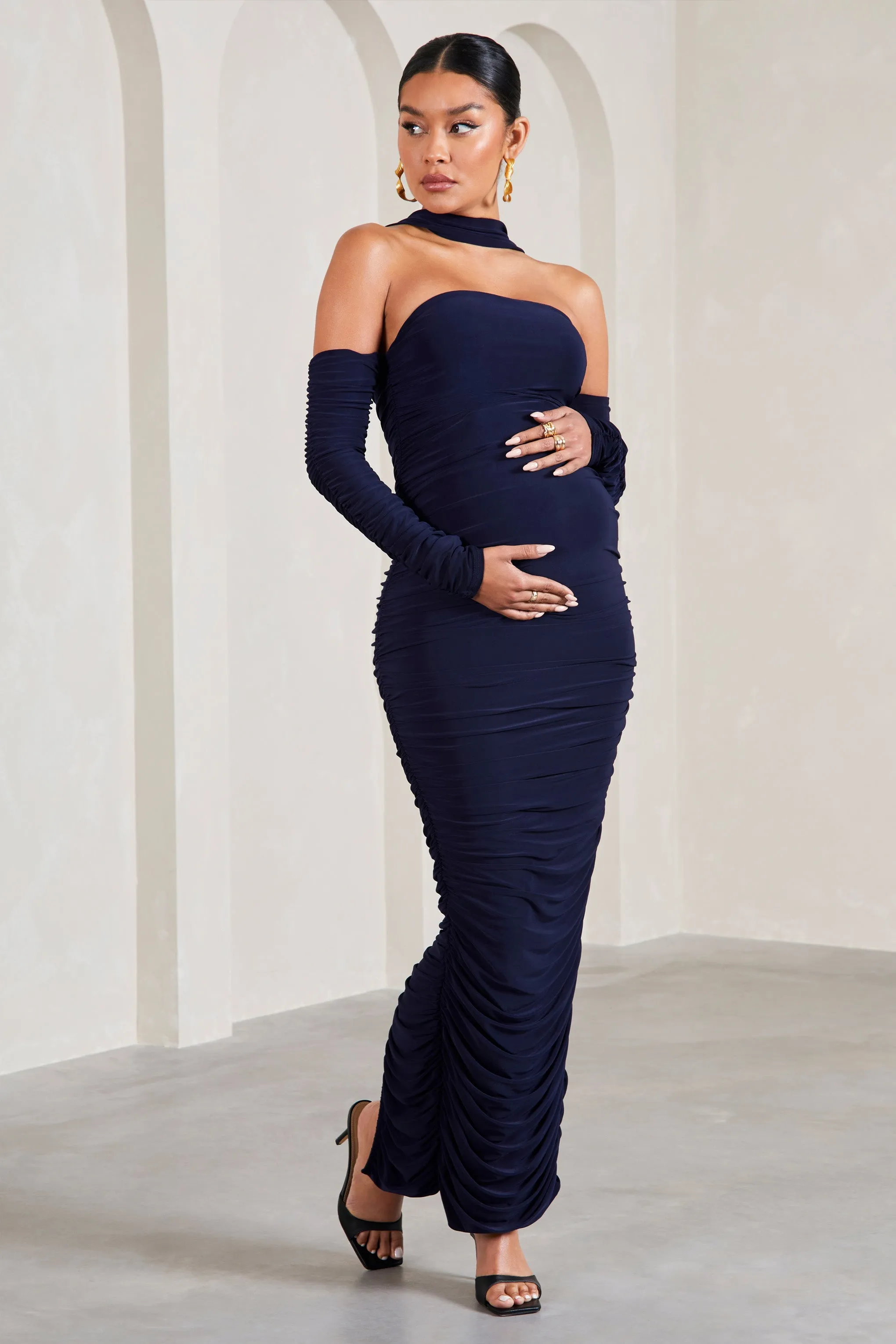 Joy | Navy Ruched Long-Sleeved Maternity Maxi Dress With Halter Collar sold by Club L London product image thumbnail 5