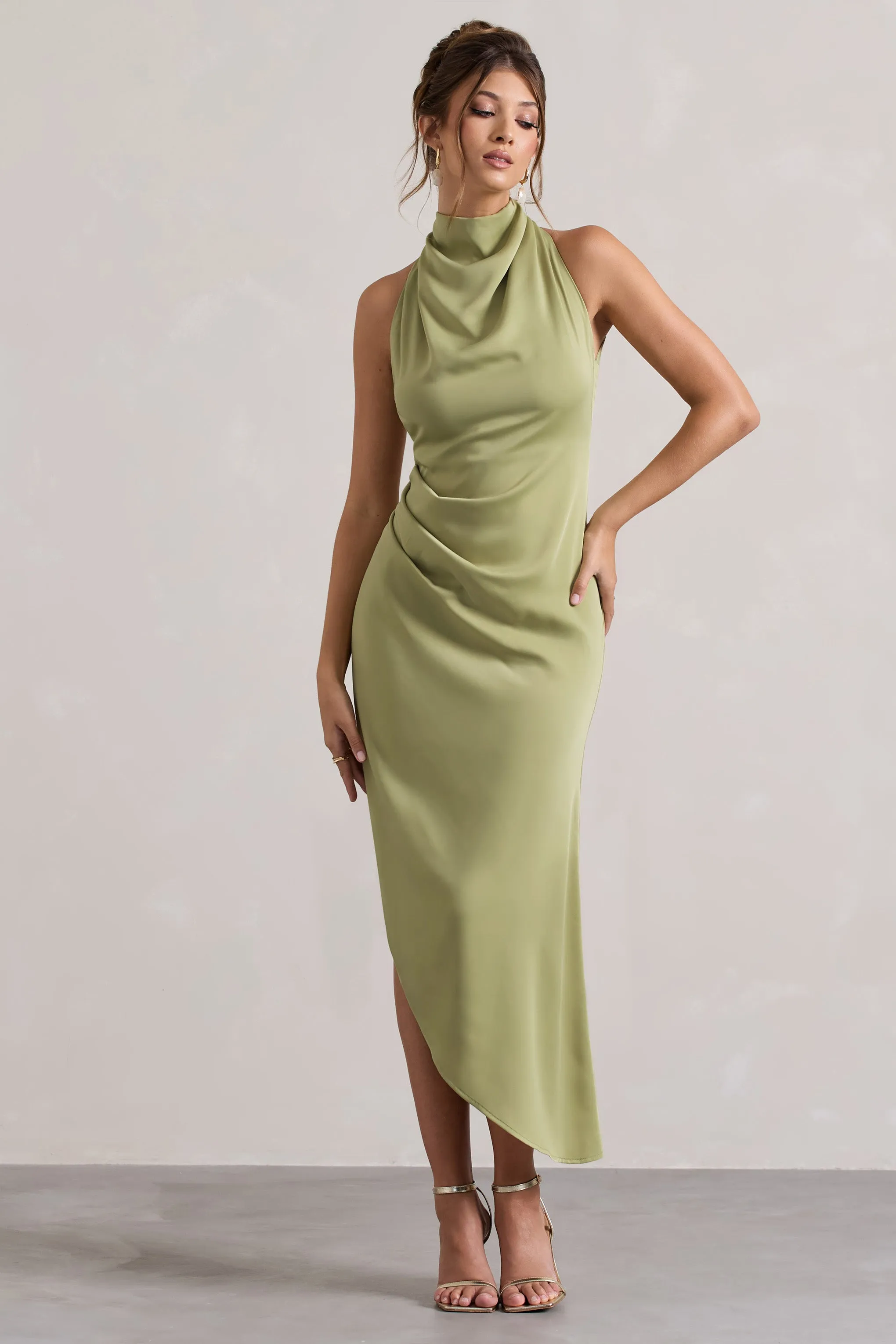 Sophina | Light Olive Satin Cowl-Neck Asymmetric Midi Dress sold by Club L London product image thumbnail 4