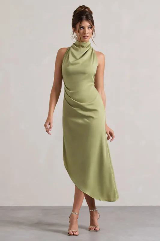 Sophina | Light Olive Satin Cowl-Neck Asymmetric Midi Dress sold by Club L London