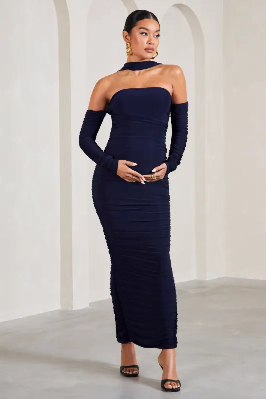 Joy | Navy Ruched Long-Sleeved Maternity Maxi Dress With Halter Collar sold by Club L London