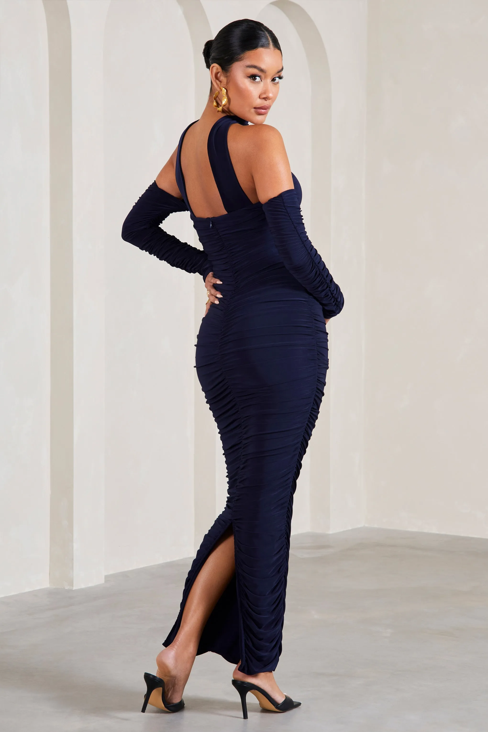 Joy | Navy Ruched Long-Sleeved Maternity Maxi Dress With Halter Collar sold by Club L London product image thumbnail 2