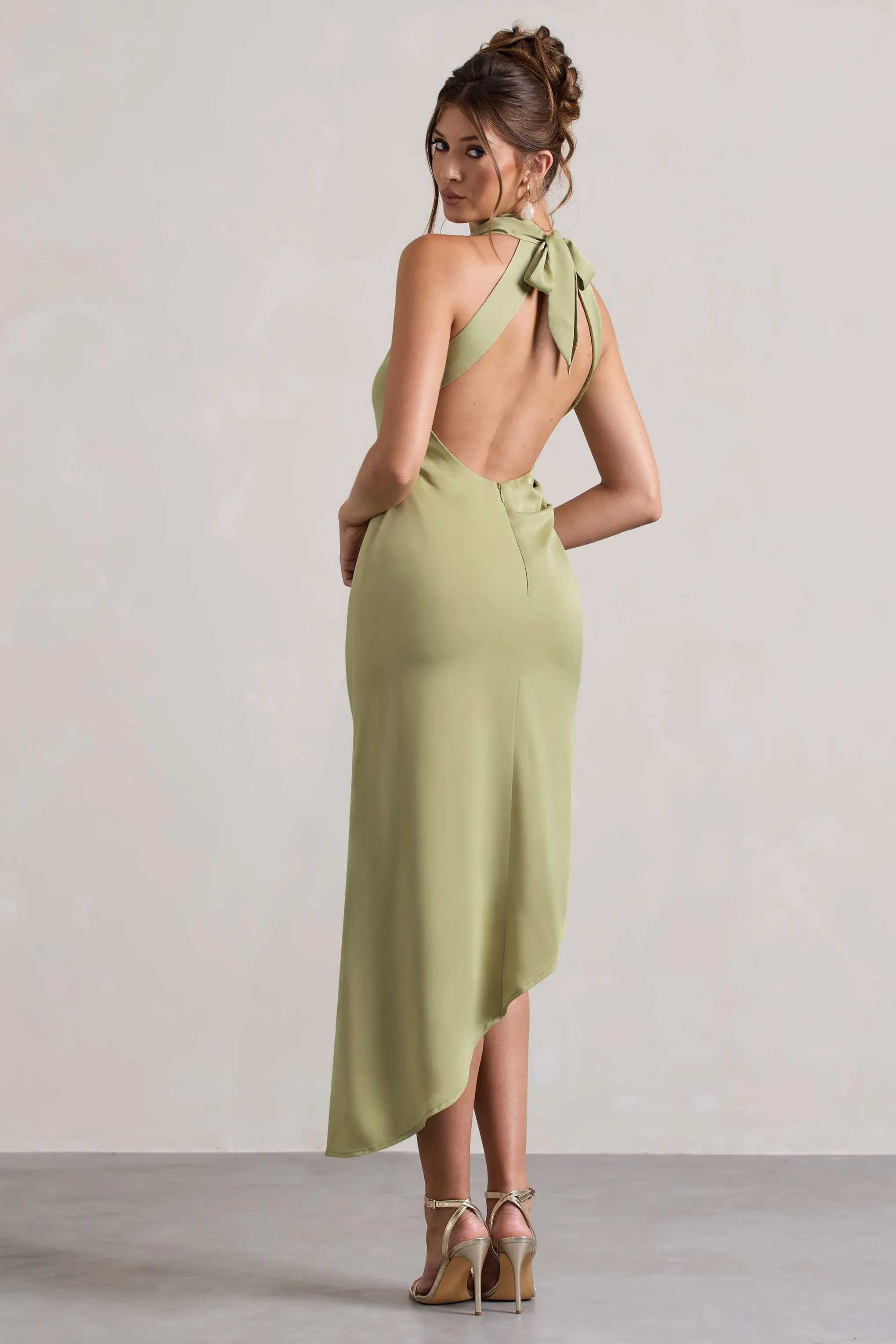 Sophina | Light Olive Satin Cowl-Neck Asymmetric Midi Dress sold by Club L London product image thumbnail 2