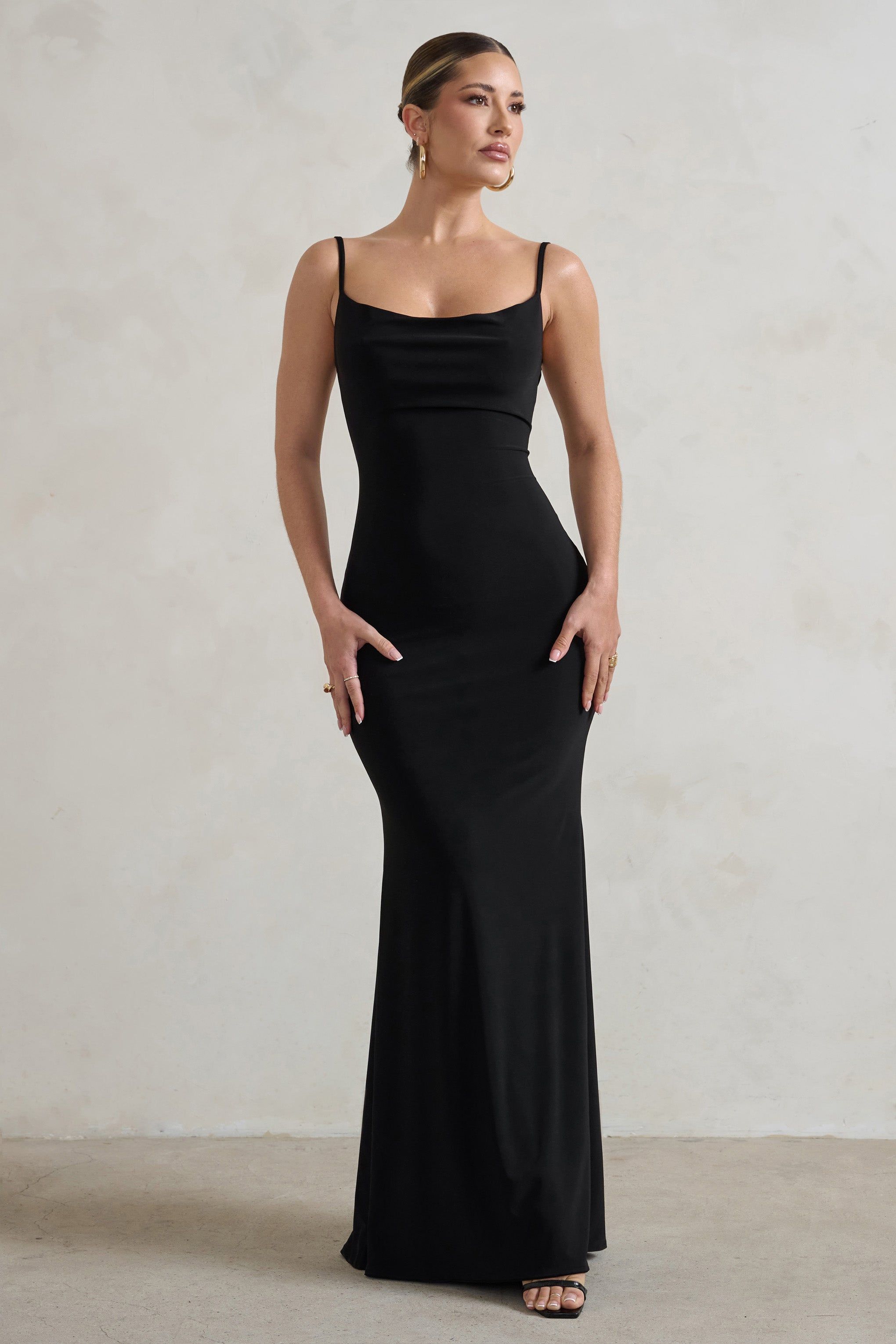 Francoise | Black Cowl Neck Backless Maxi Dress With Lace Insert sold by Club L London