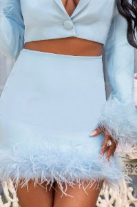 Entice | Powder Blue Feather Trim Mini Skirt sold by Club L London