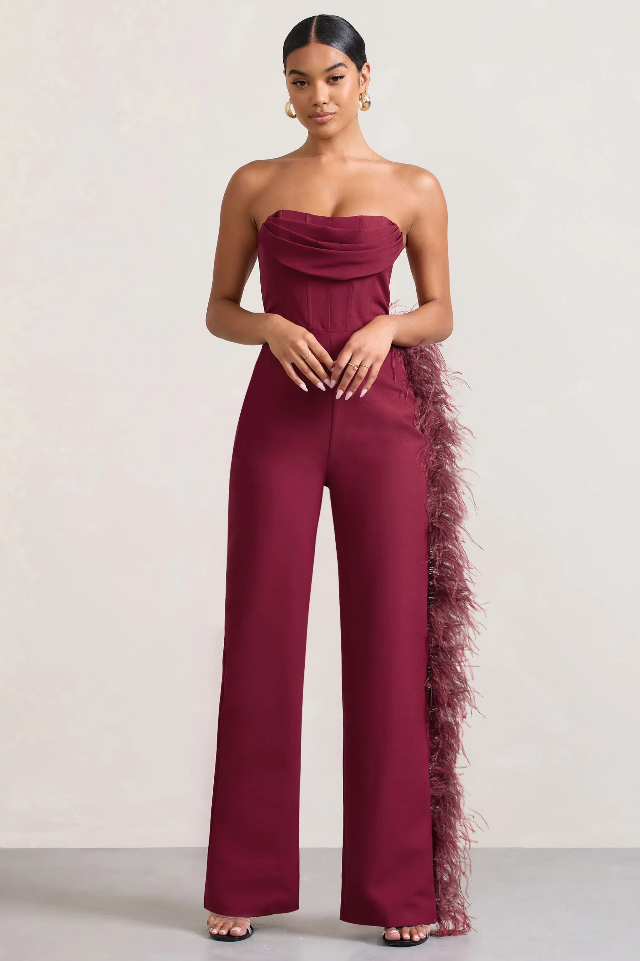 Topic Of Talk | Burgundy Strapless Bandeau Wide-Leg Jumpsuit With Feather Trim sold by Club L London product image thumbnail 4
