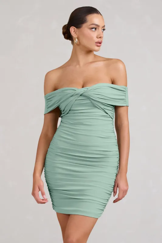 Appreciate | Sage Off The Shoulder Ruched Mini Dress sold by Club L London