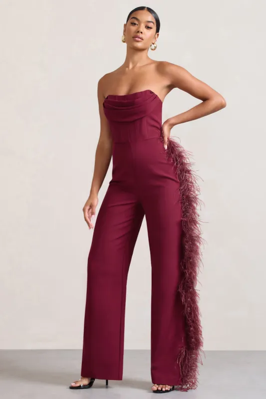 Topic Of Talk | Burgundy Strapless Bandeau Wide-Leg Jumpsuit With Feather Trim sold by Club L London