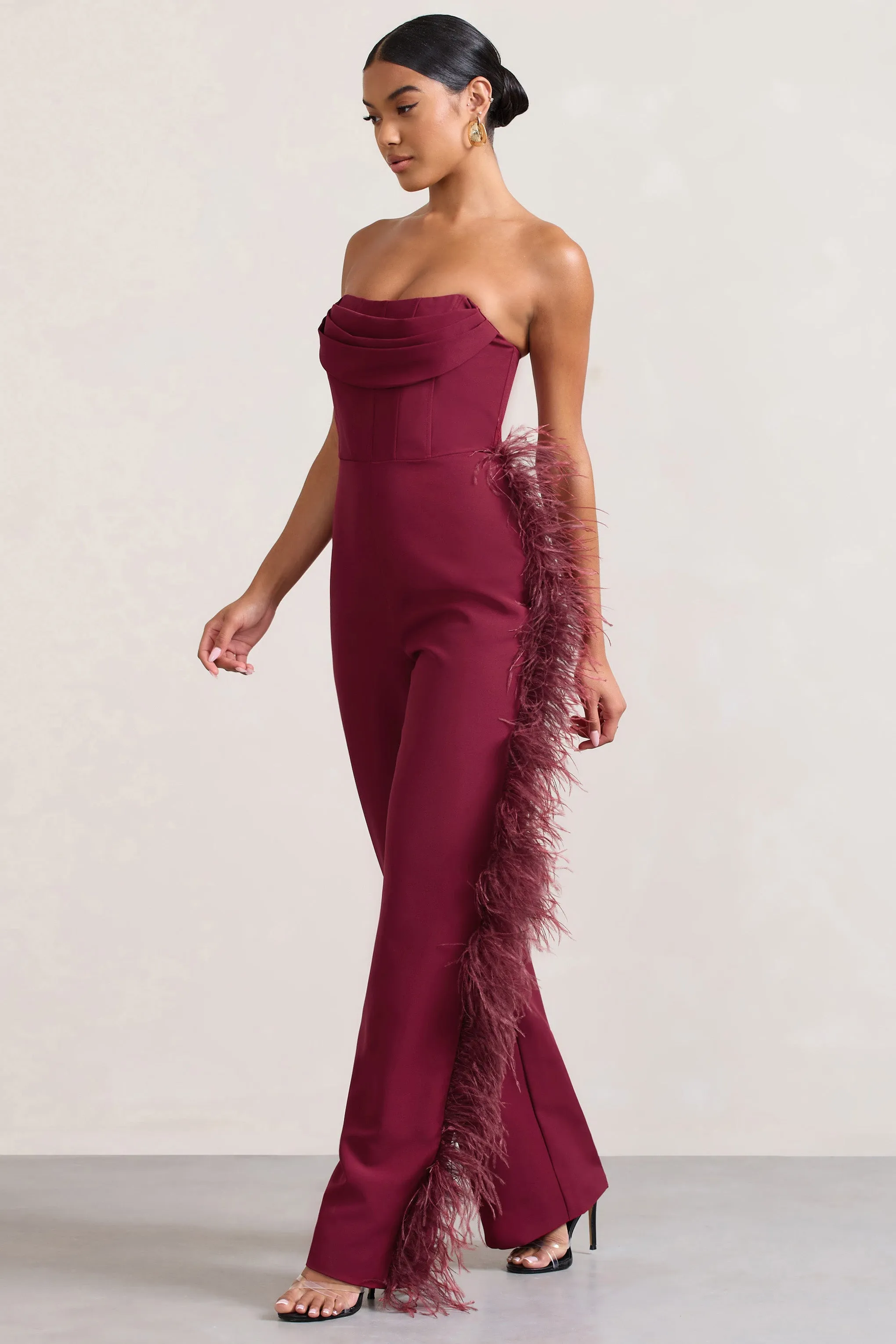 Topic Of Talk | Burgundy Strapless Bandeau Wide-Leg Jumpsuit With Feather Trim sold by Club L London product image thumbnail 5
