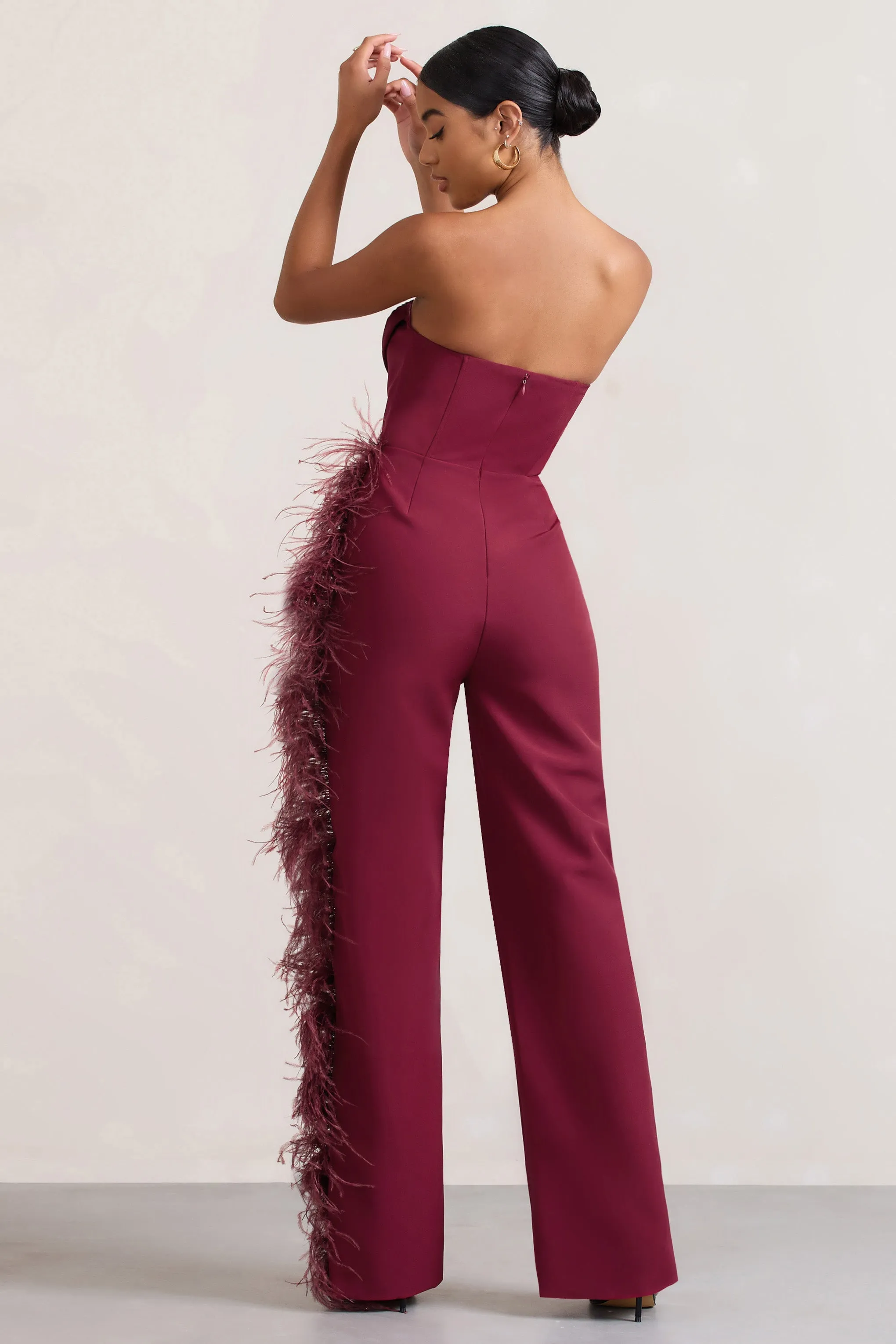 Topic Of Talk | Burgundy Strapless Bandeau Wide-Leg Jumpsuit With Feather Trim sold by Club L London product image thumbnail 2