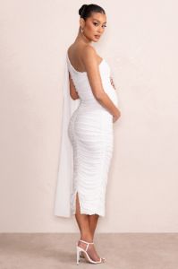 Yara | White One Sleeve Ruched Maternity Midi Dress with Cape Sleeve sold by Club L London