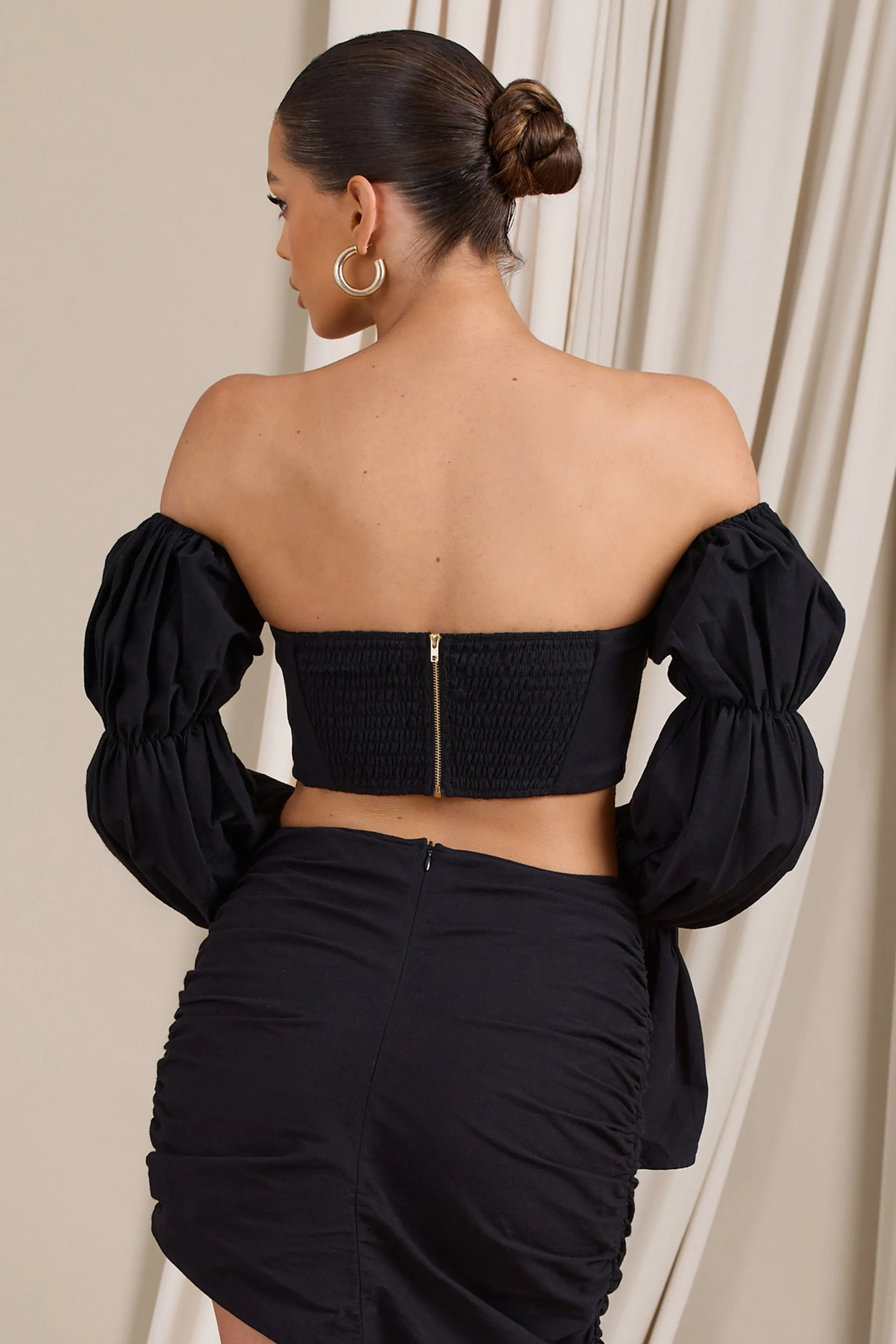 Roman | Black Bardot Puff-Sleeved Crop Top sold by Club L London product image thumbnail 2