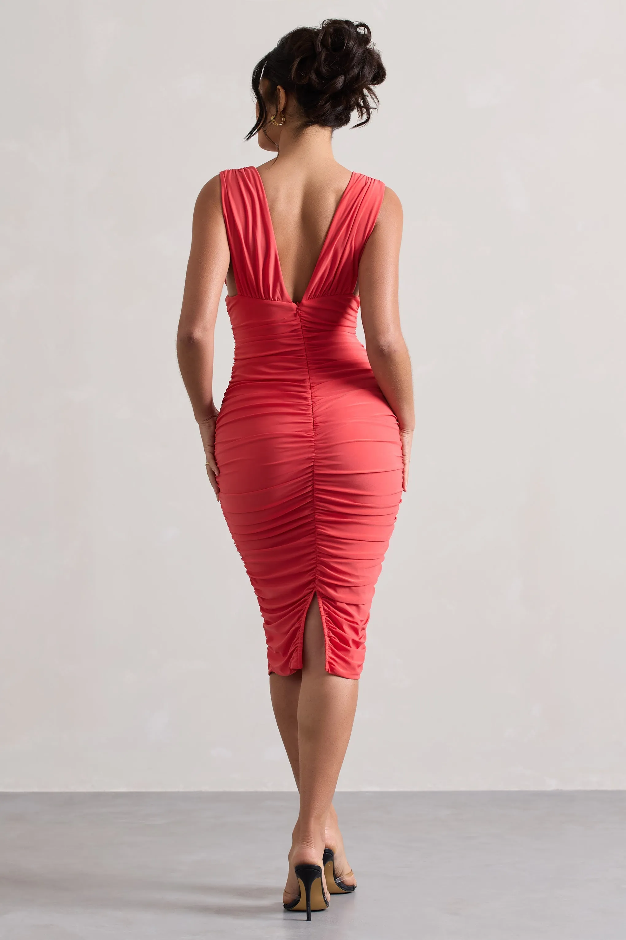Attract | Coral Ruched Plunge-Neck Midi Dress sold by Club L London product image thumbnail 2