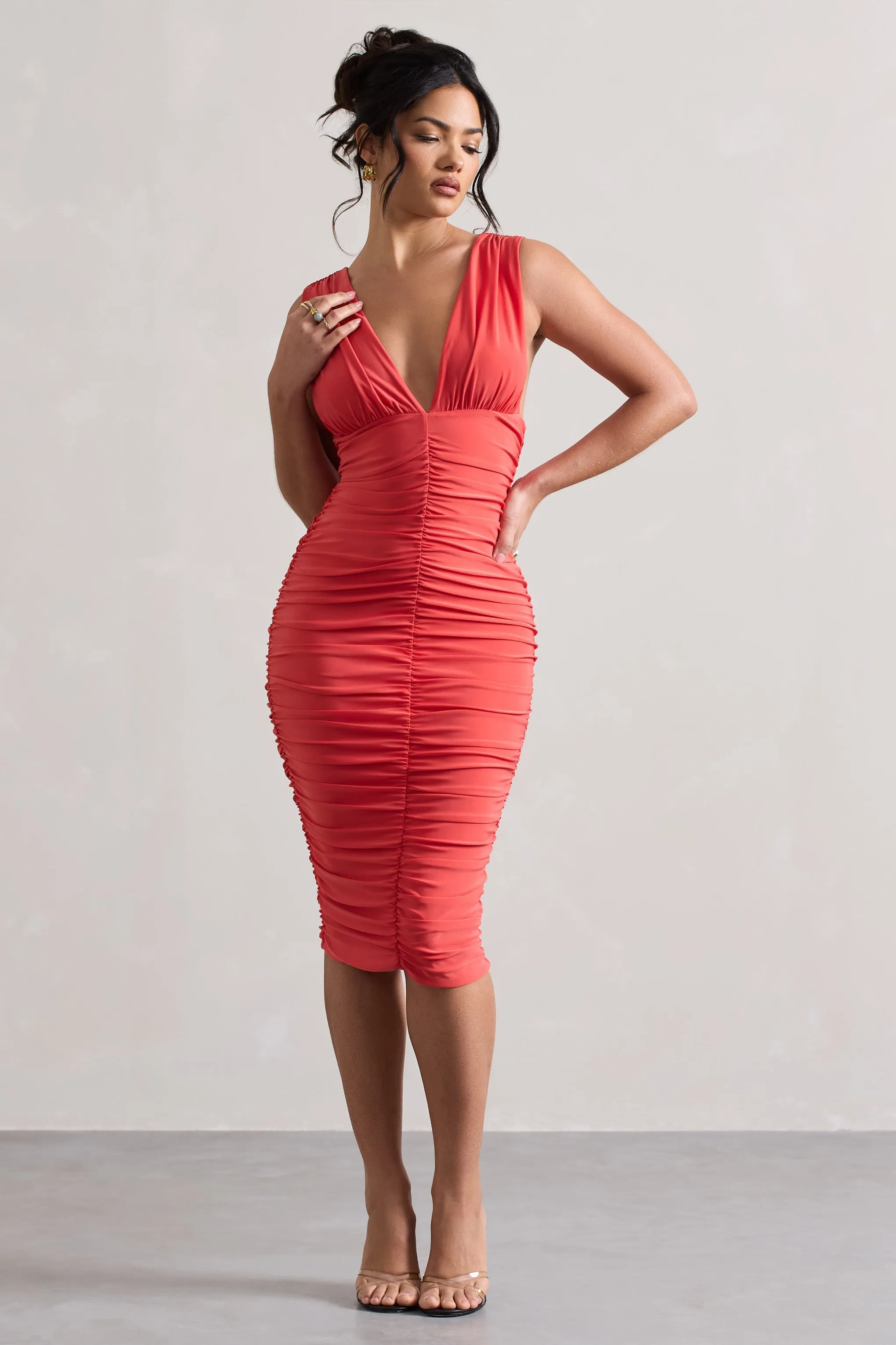 Attract | Coral Ruched Plunge-Neck Midi Dress sold by Club L London product image thumbnail 5