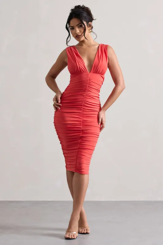 Attract | Coral Ruched Plunge-Neck Midi Dress sold by Club L London
