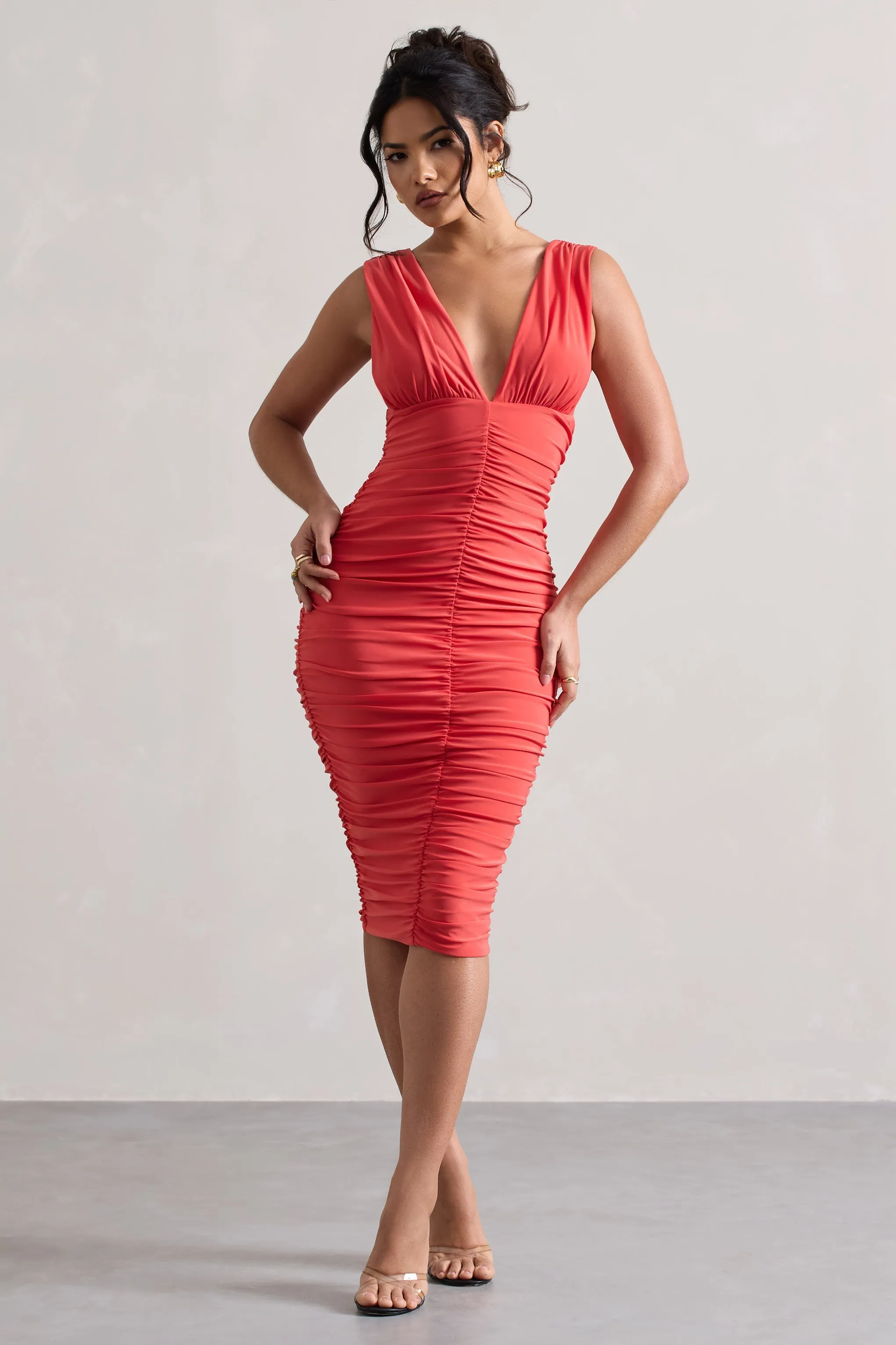 Attract | Coral Ruched Plunge-Neck Midi Dress sold by Club L London