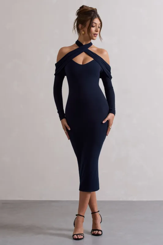 Duet | Navy Rib Knit Halter-Neck Midi Dress With Cut-Out sold by Club L London