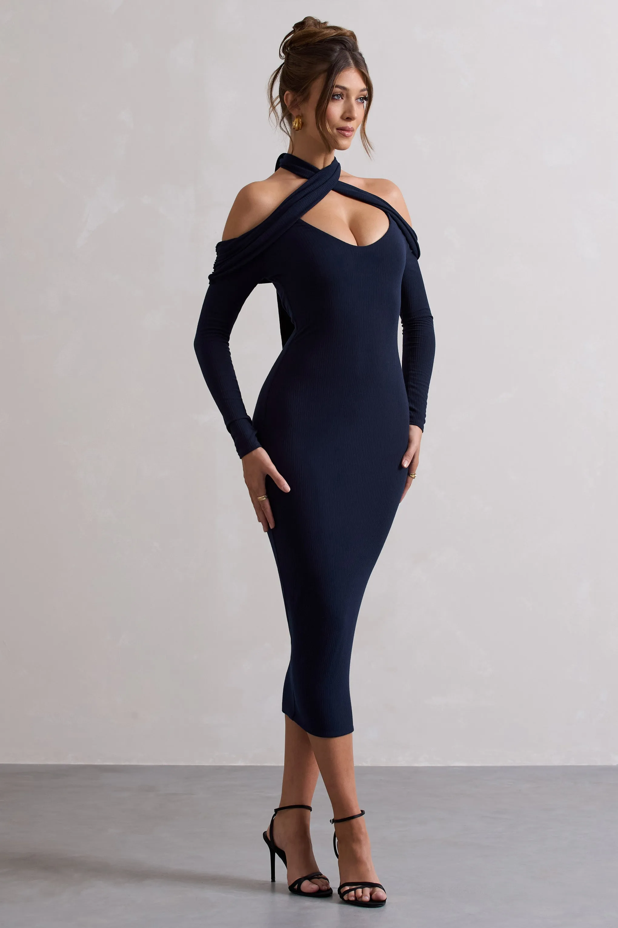 Duet | Navy Rib Knit Halter-Neck Midi Dress With Cut-Out sold by Club L London product image thumbnail 4