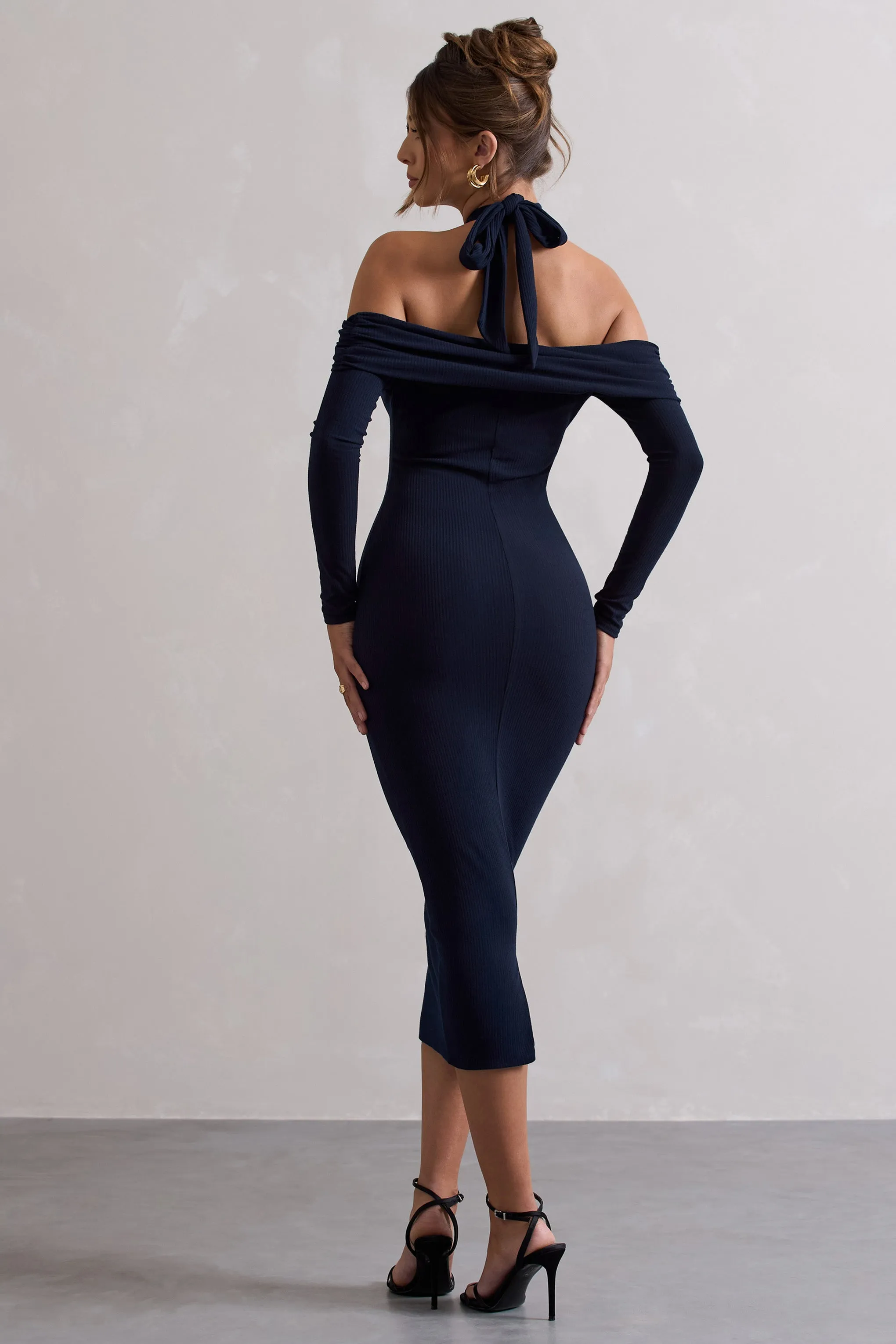 Duet | Navy Rib Knit Halter-Neck Midi Dress With Cut-Out sold by Club L London product image thumbnail 2