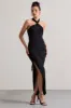 Jaiya | Black Ruched Halter-Neck Asymmetric Maxi Dress sold by Club L London