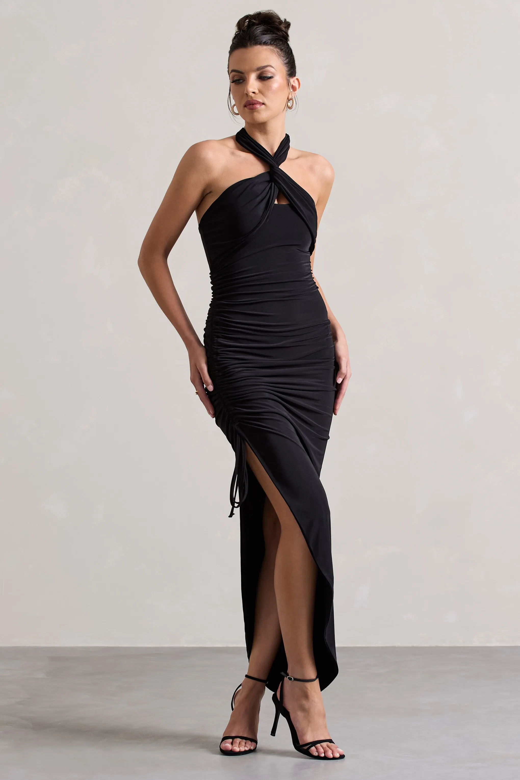 Jaiya | Black Ruched Halter-Neck Asymmetric Maxi Dress sold by Club L London product image thumbnail 4
