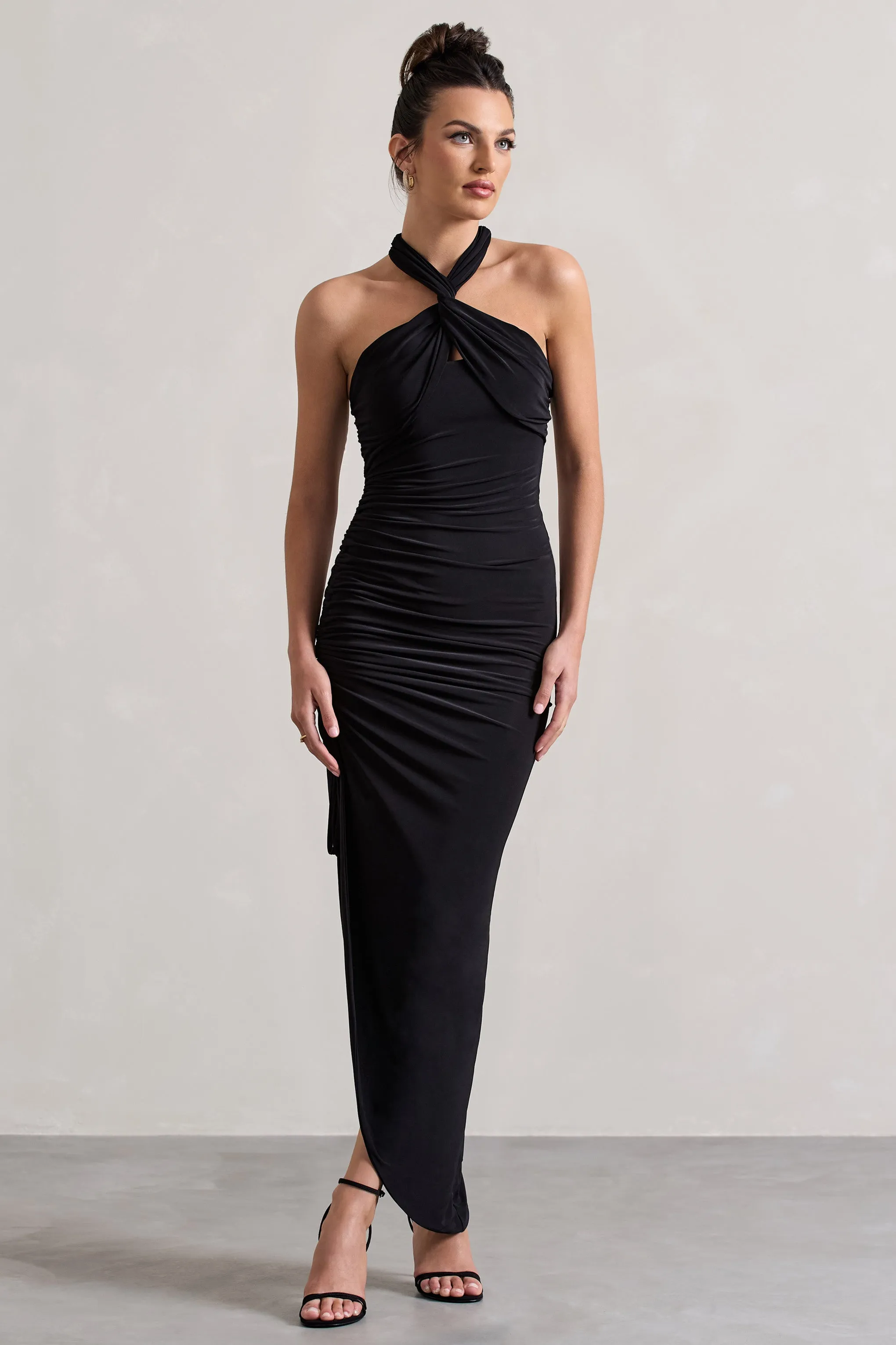 Jaiya | Black Ruched Halter-Neck Asymmetric Maxi Dress sold by Club L London