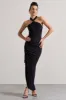 Jaiya | Black Ruched Halter-Neck Asymmetric Maxi Dress sold by Club L London