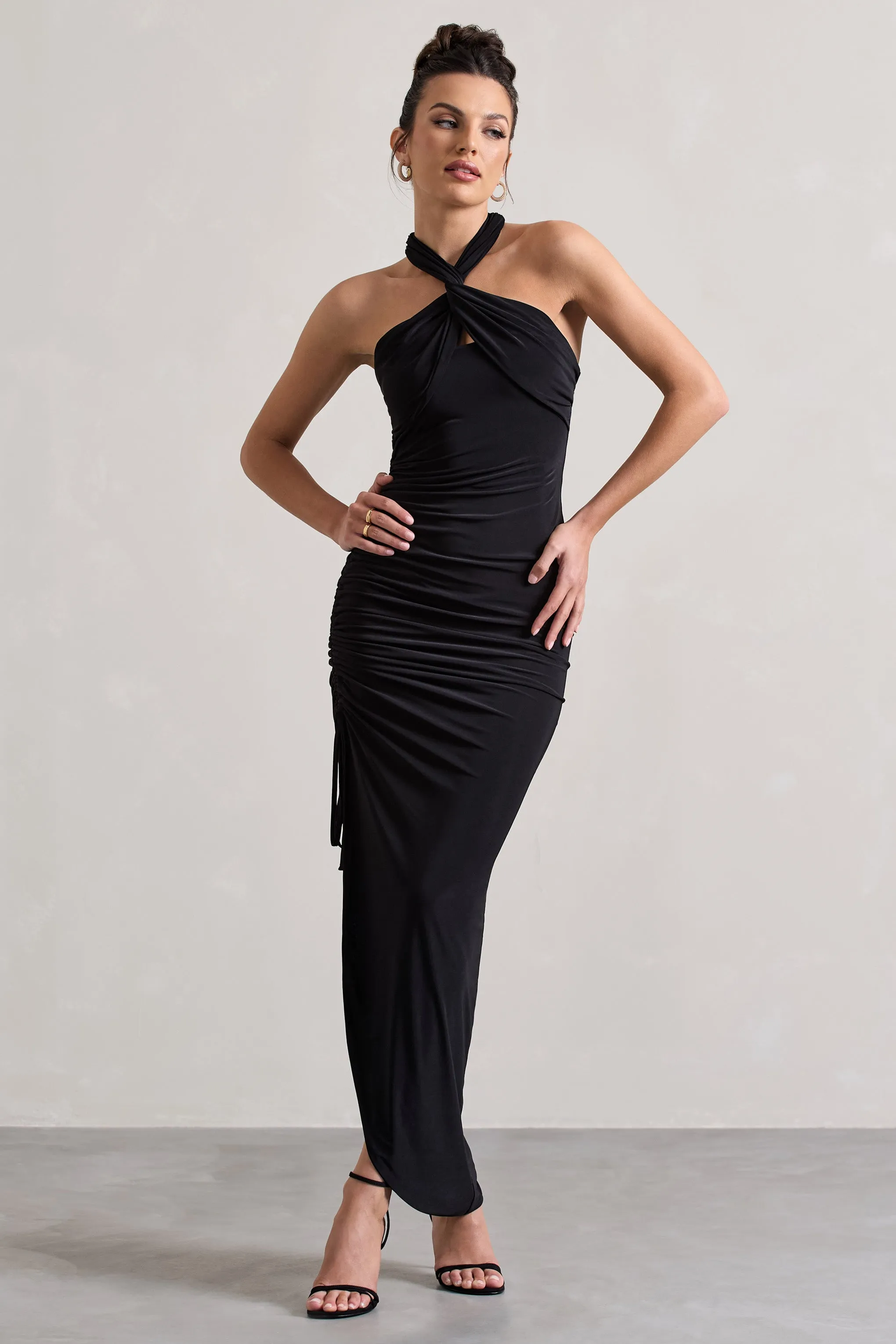 Jaiya | Black Ruched Halter-Neck Asymmetric Maxi Dress sold by Club L London product image thumbnail 5