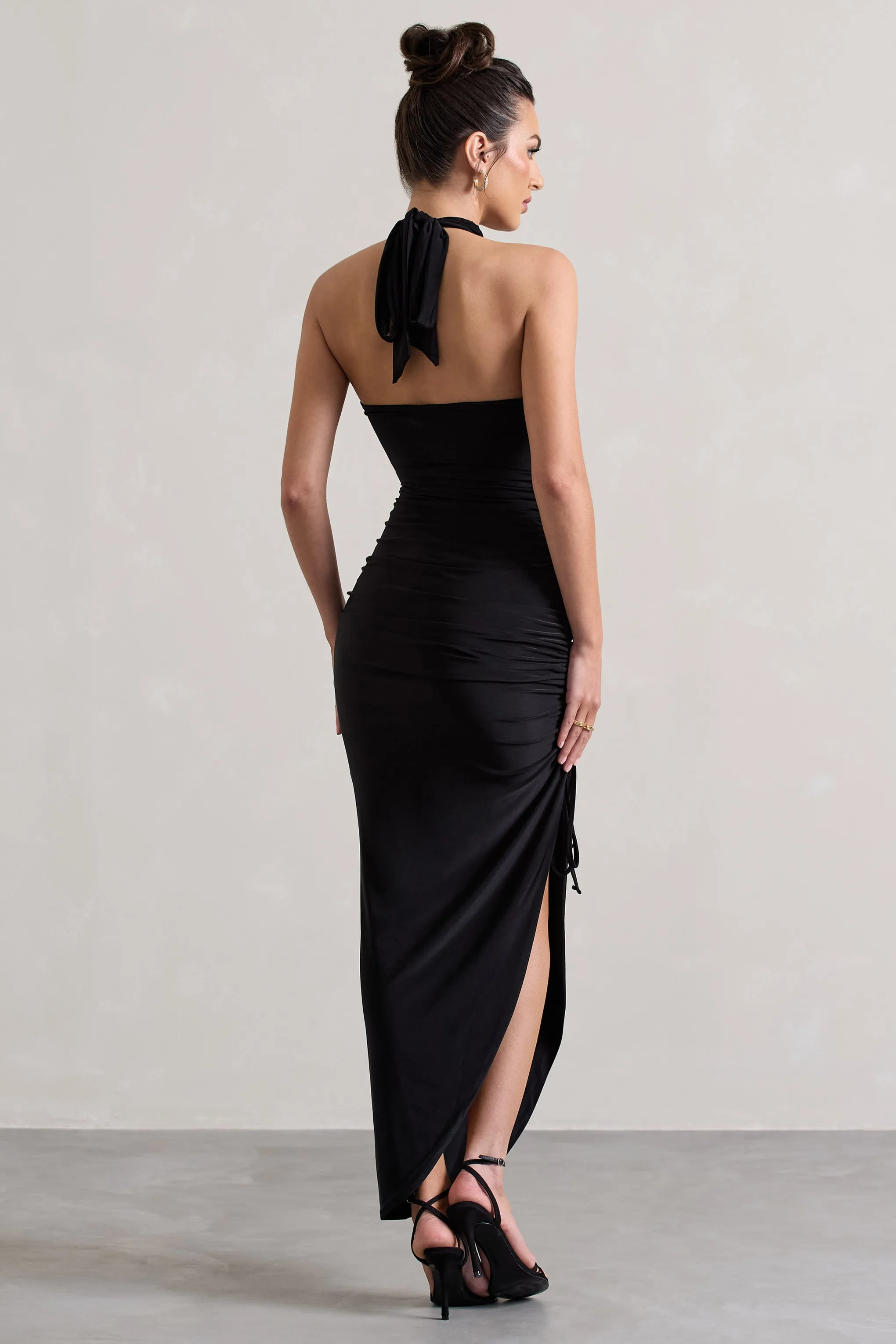 Jaiya | Black Ruched Halter-Neck Asymmetric Maxi Dress sold by Club L London product image thumbnail 2