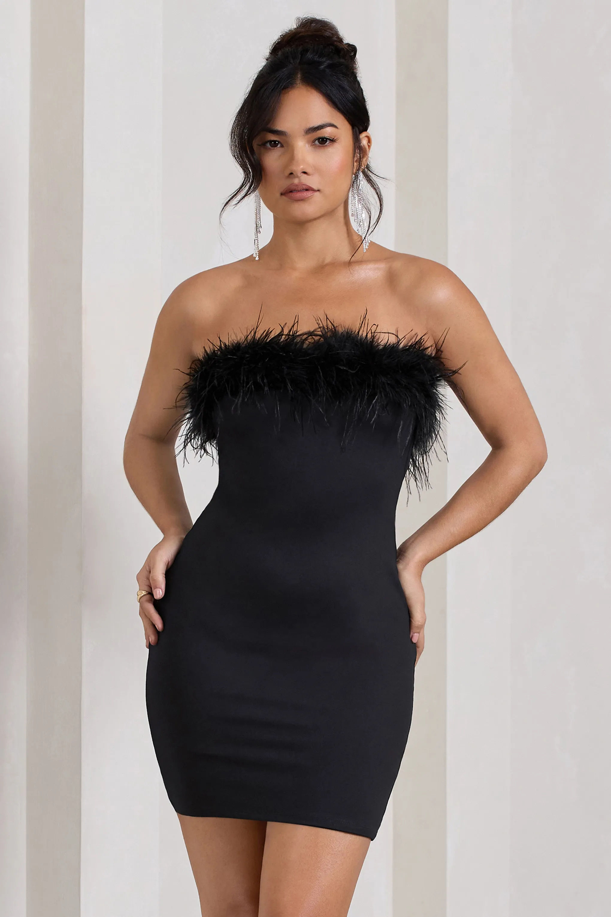 Stop The Show | Black Feather Trim Bandeau Mini Dress sold by Club L London product image thumbnail 3
