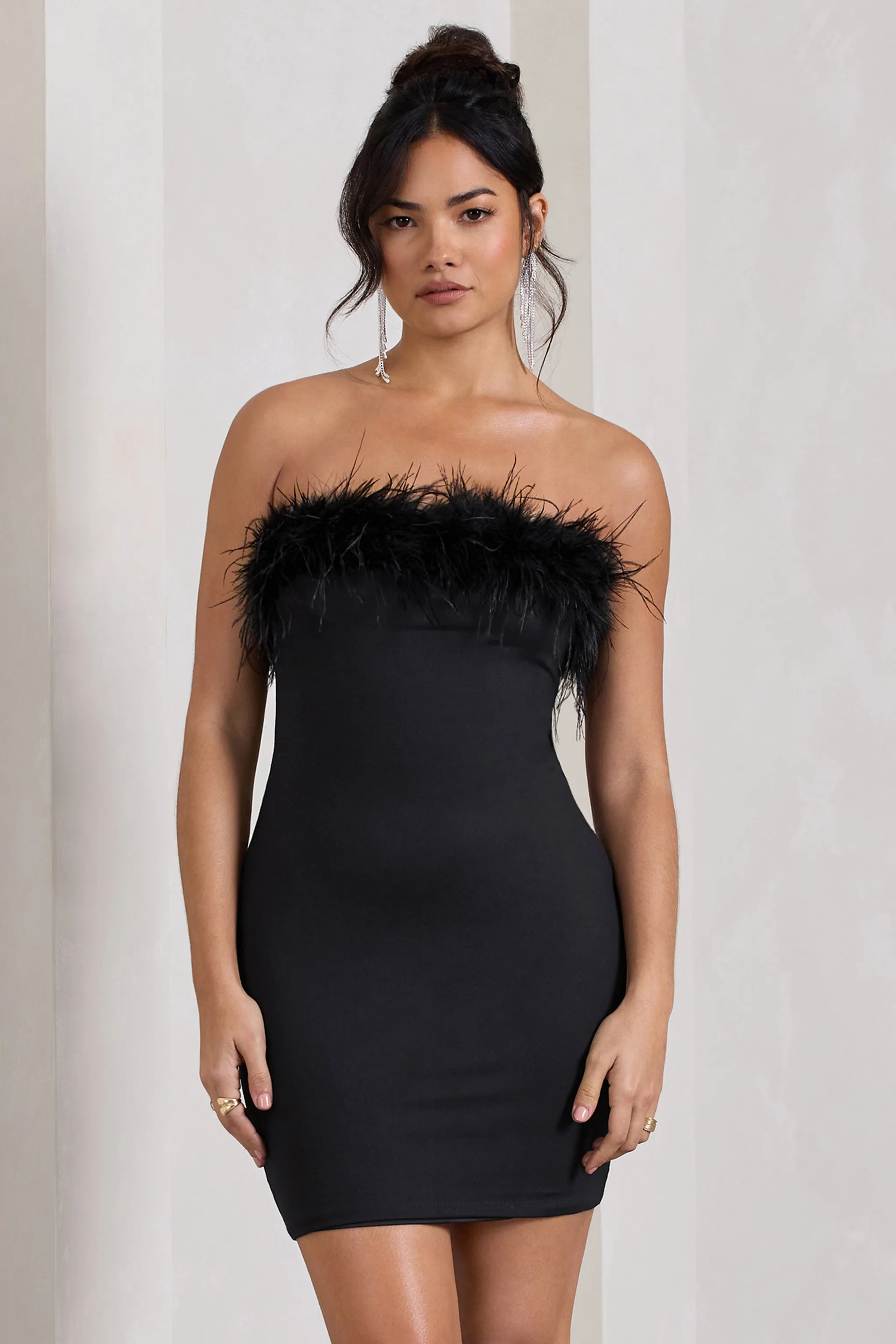 Stop The Show | Black Feather Trim Bandeau Mini Dress sold by Club L London product image thumbnail 4