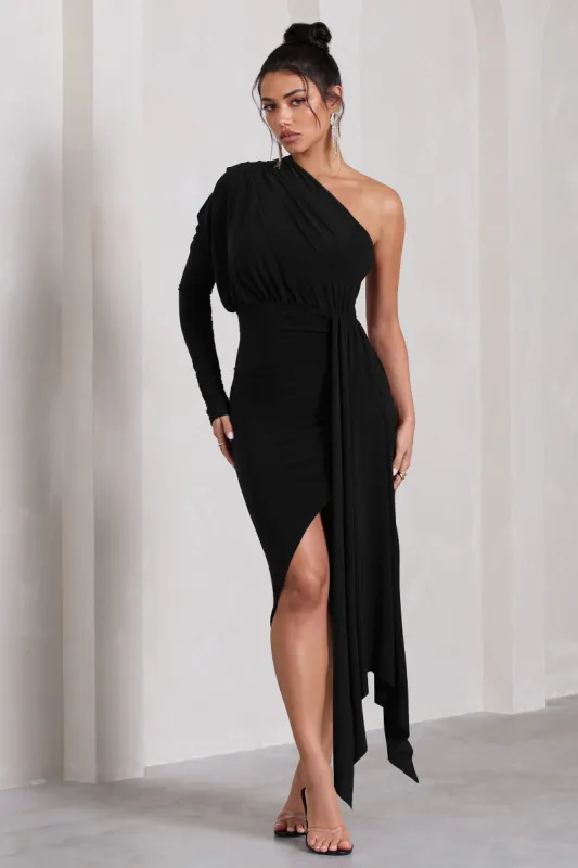 Catherine | Black One Sleeve Asymmetric Midi Dress With Statement Drape sold by Club L London