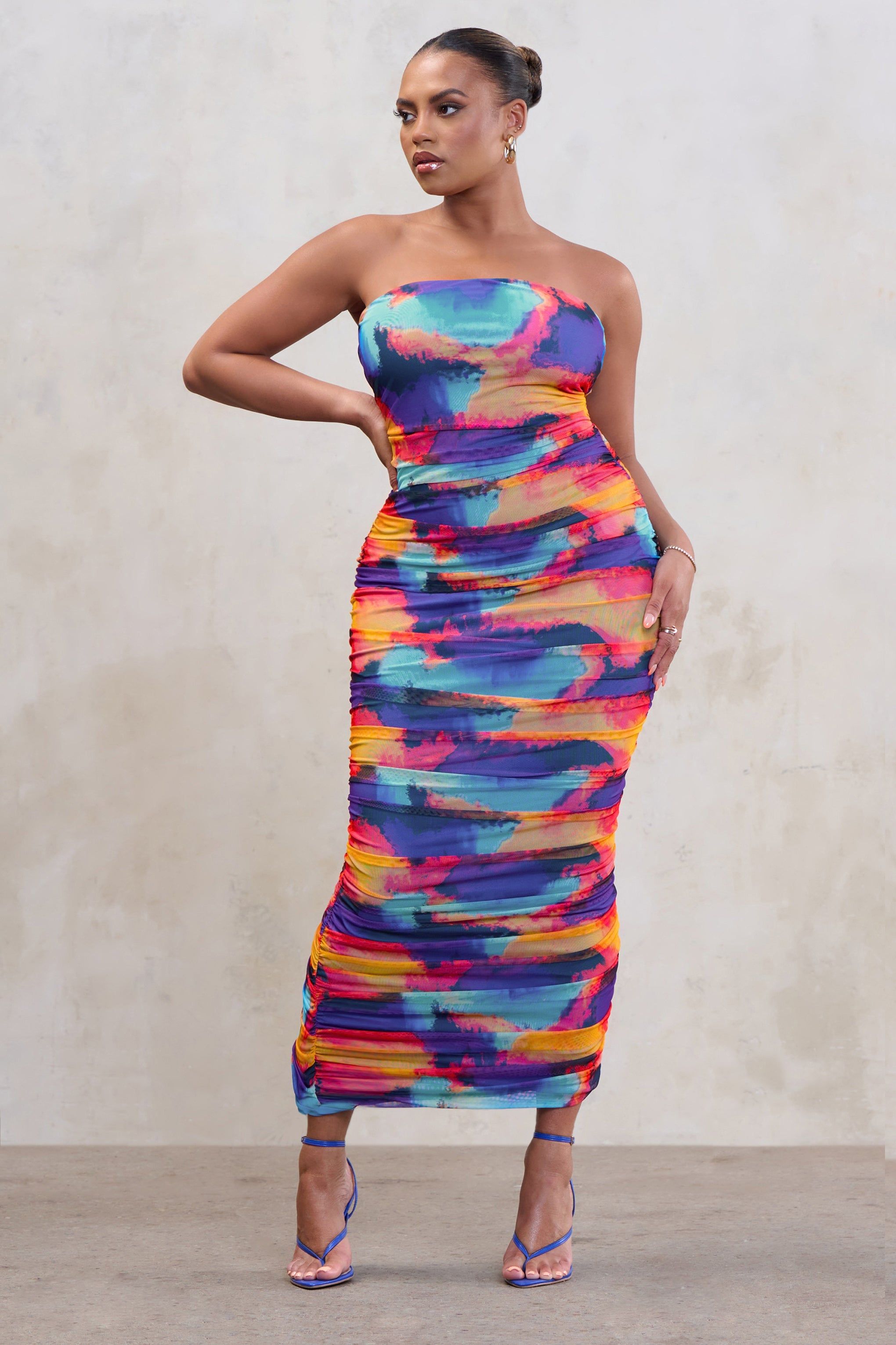 My Lady | Multi Print Strapless Bodycon Ruched Mesh Maxi Dress sold by Club L London product image thumbnail 5