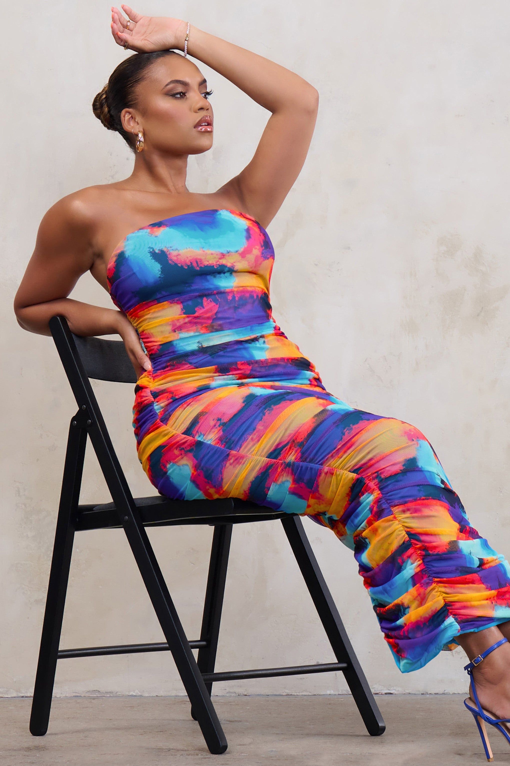 My Lady | Multi Print Strapless Bodycon Ruched Mesh Maxi Dress sold by Club L London product image thumbnail 6