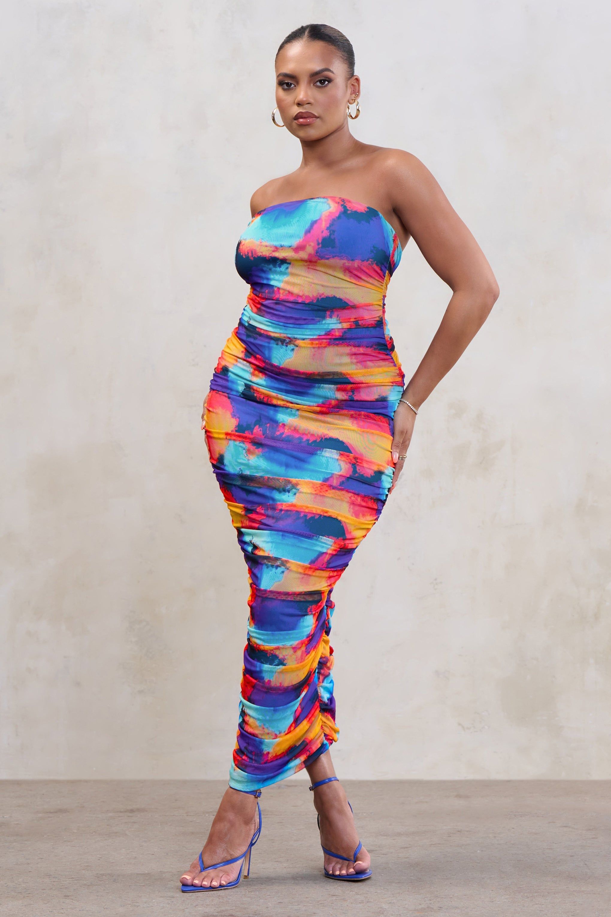 My Lady | Multi Print Strapless Bodycon Ruched Mesh Maxi Dress sold by Club L London product image thumbnail 4