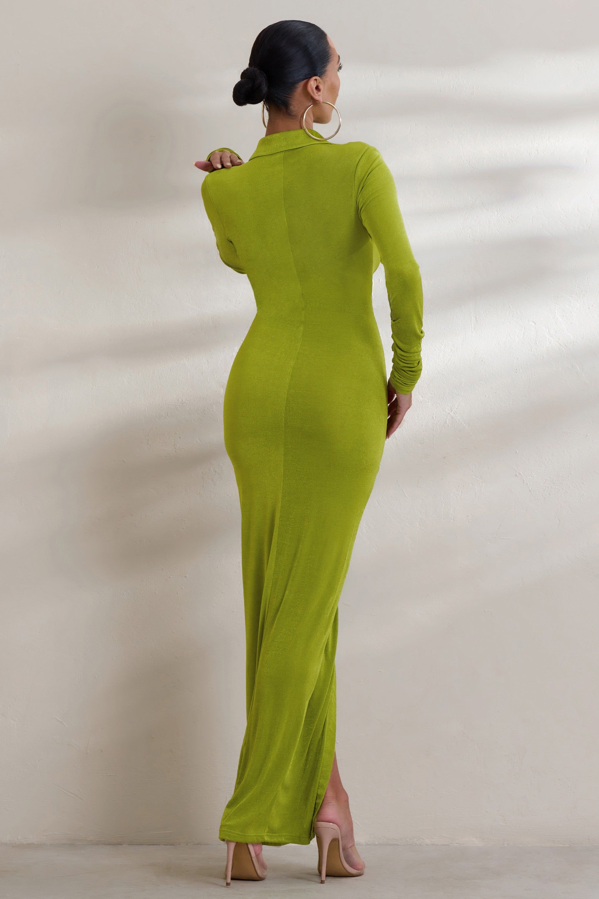 Restless Heart | Pea Green Plunge Neck Ruched Detail Maxi Dress sold by Club L London product image thumbnail 2