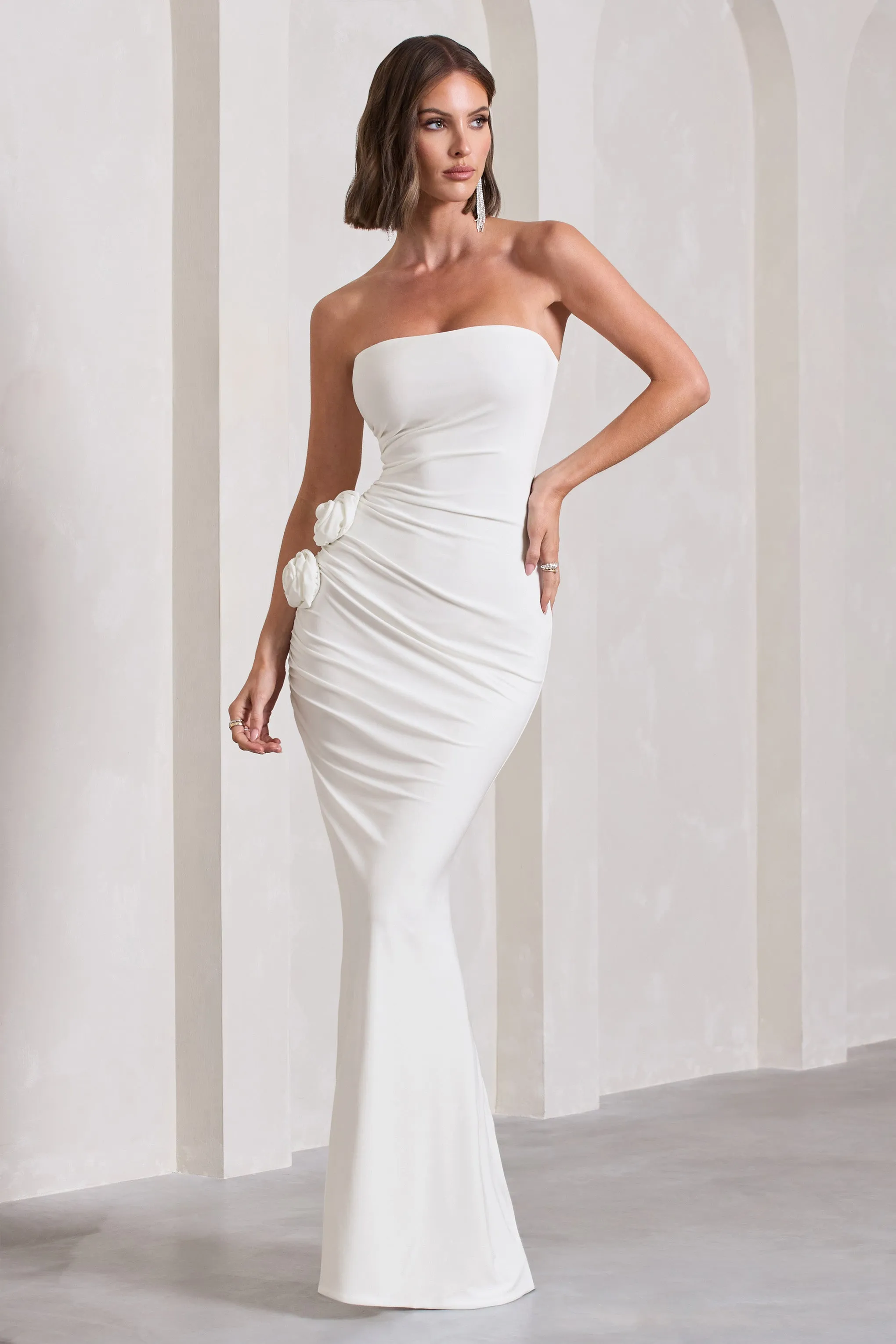 My Muse | White Ruched Bandeau Split Maxi Dress With Flowers sold by Club L London
